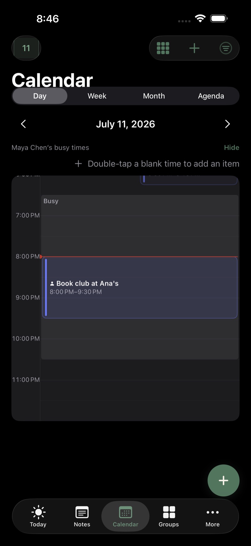 A Sova calendar day with a teammate's busy times shown as plain blocks: when they are busy, never what they are doing