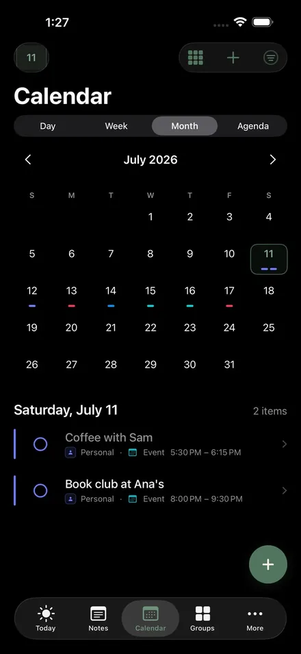 Sova's calendar: plans from calendars on your iPhone and supported calendar links in one view