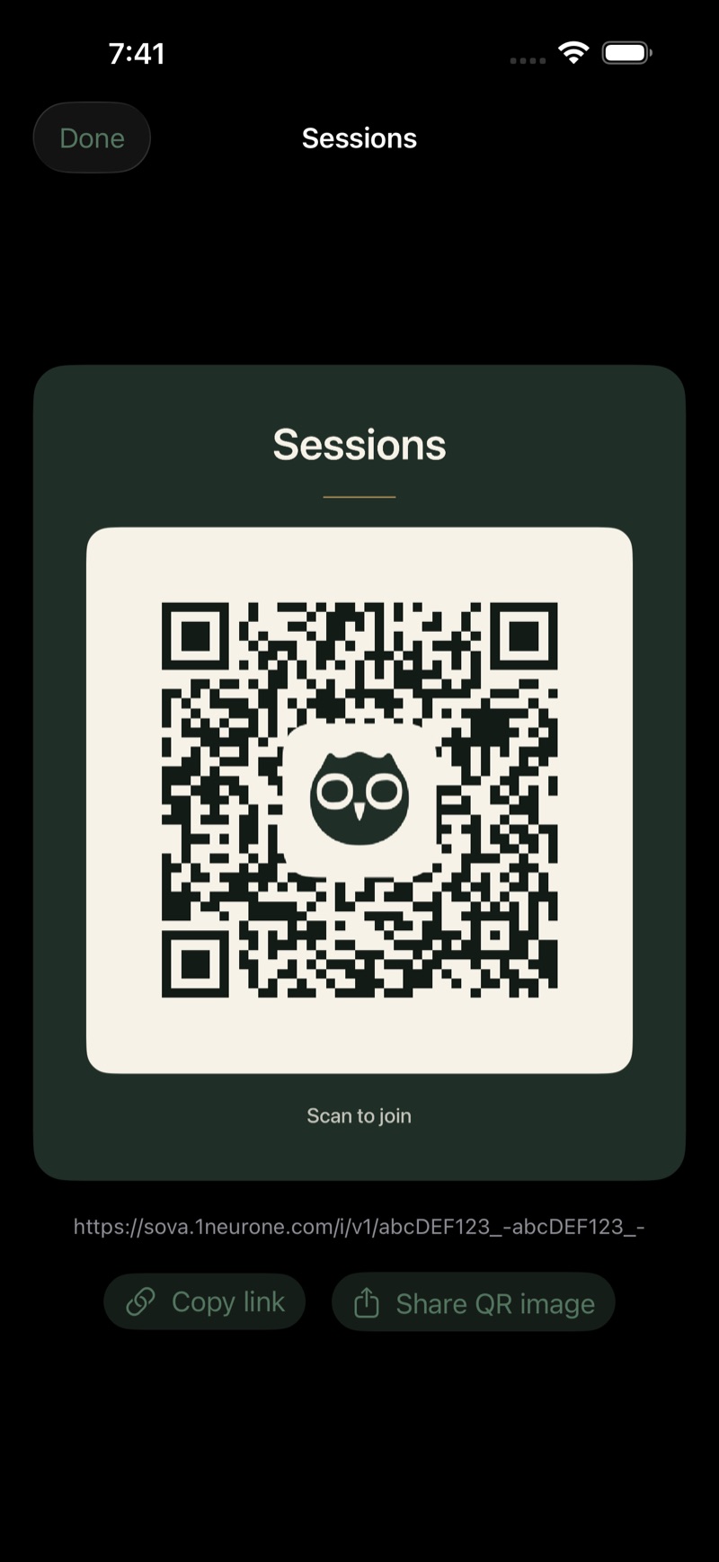 A Sova join card for a Sessions group: the group name above a large QR code with the Sova owl at its centre, ready to scan