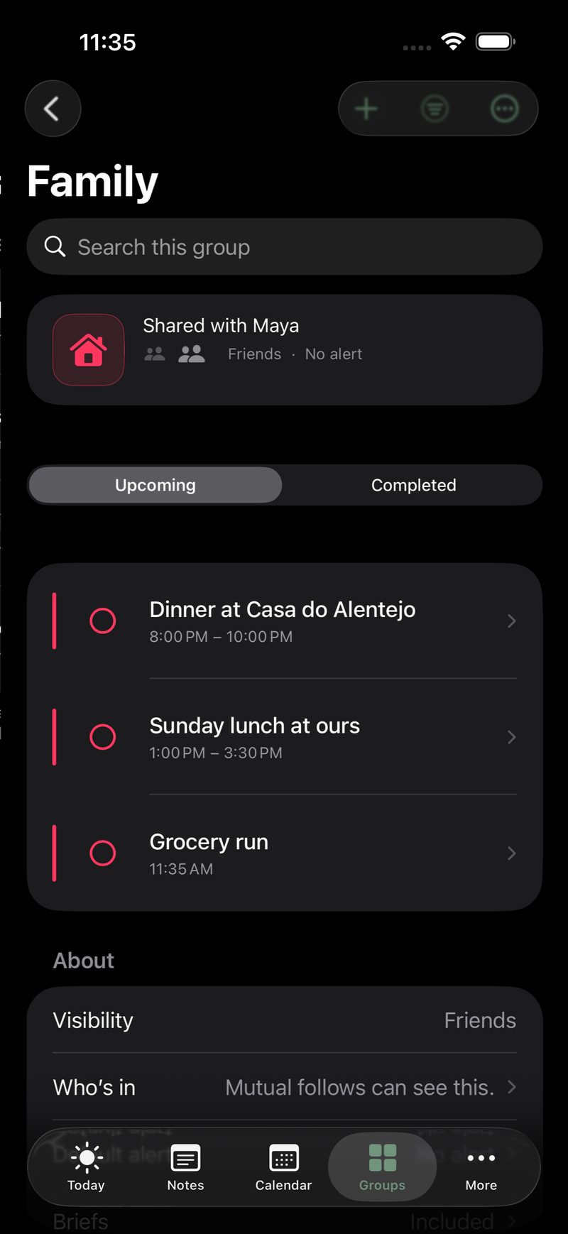 A shared list in Sova on one phone: groceries and errands ticked off by one partner, the same list live on the other's phone
