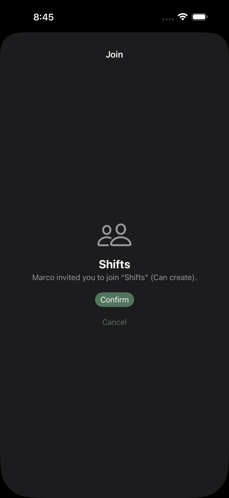 Joining a Sova group: one confirmation screen after opening the shared link