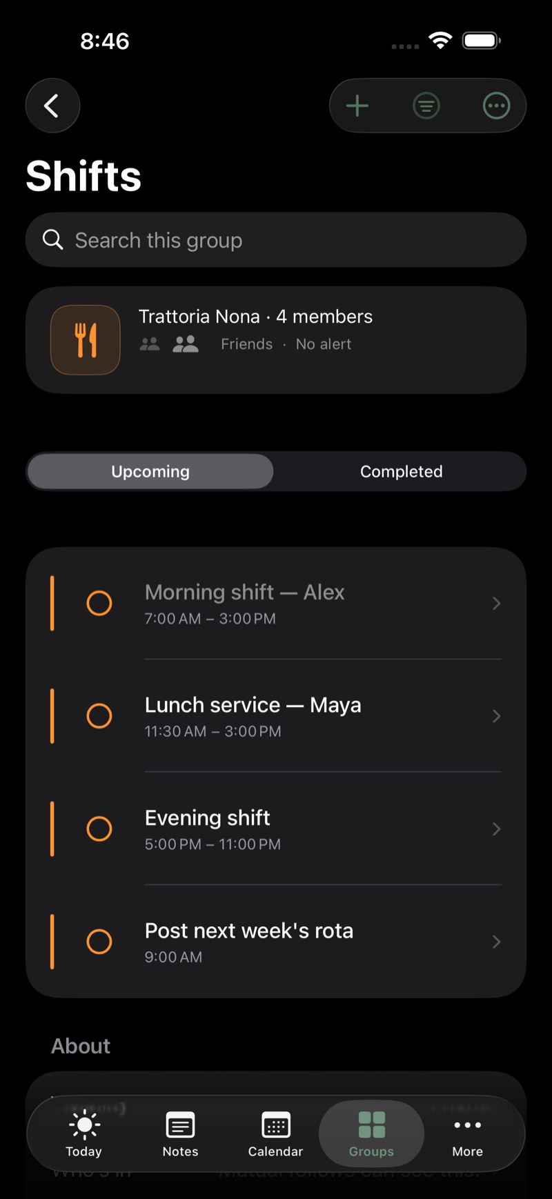 A restaurant Shifts group in Sova: morning, lunch and evening shifts posted as items, each with its assignee and time